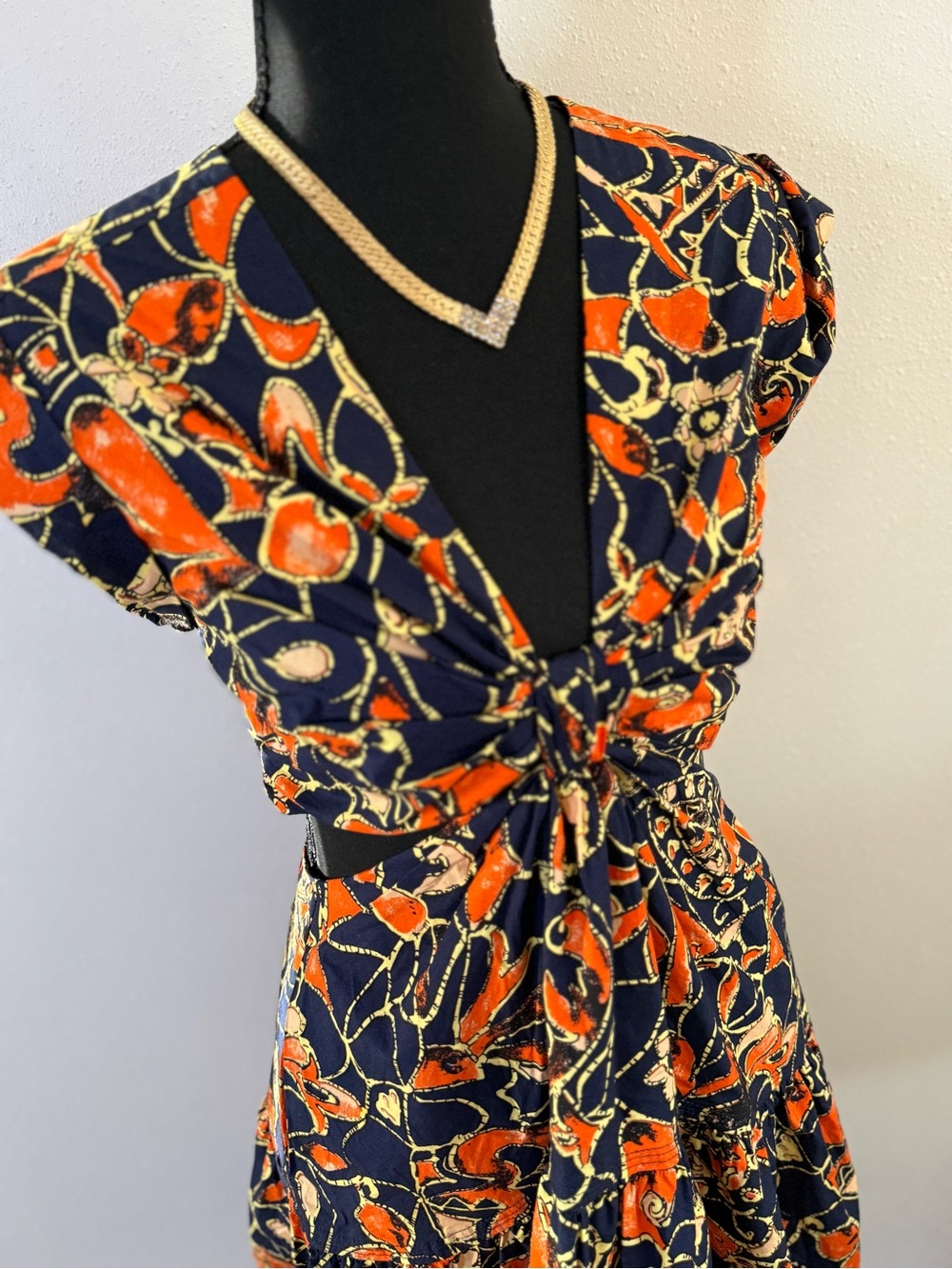 A.L.C. Printed Cotton Dress Size 2 Navy Orange Boho Tie Front Mini - Picture 3 of 11